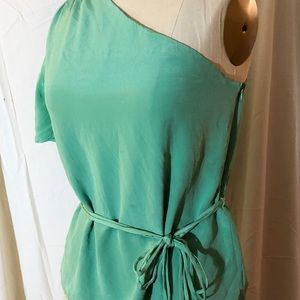 100% silk green one shoulder top w/ waist ties, M